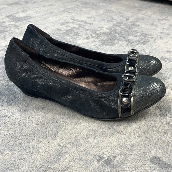 AGL Cap Toe Buckle Ballet Shoes Low Wedge Shimmer Silver Black Sz 39.5 - Picture 4 of 11